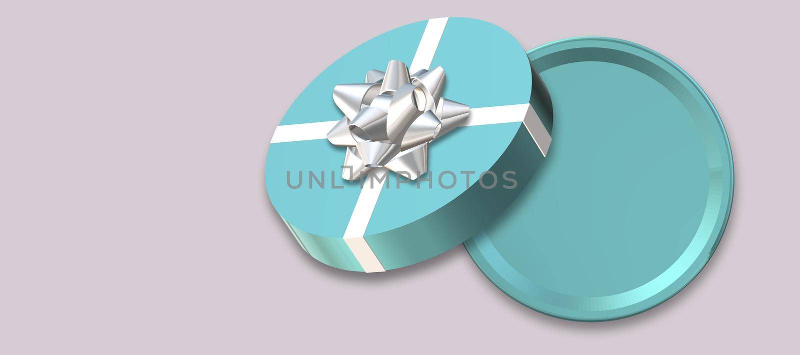 Open round gift box, bow on pastel grey background. Turquoise blue box top view, place for text, mock up. Valentines, love design, sale, surprise, gift, birthday, wedding, love template 3D render