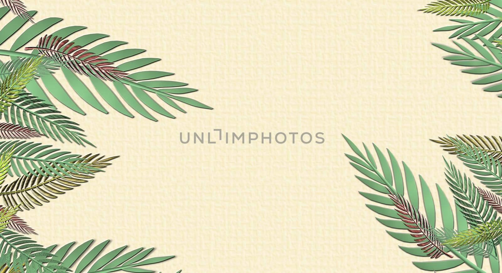Tropical green leaves pattern on yellow background. Exotic wallpaper. 3D illustration