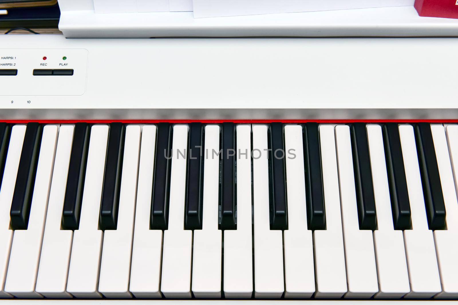 Close-up of an electronic piano keyboard. white digital piano for playing classical or modern music.