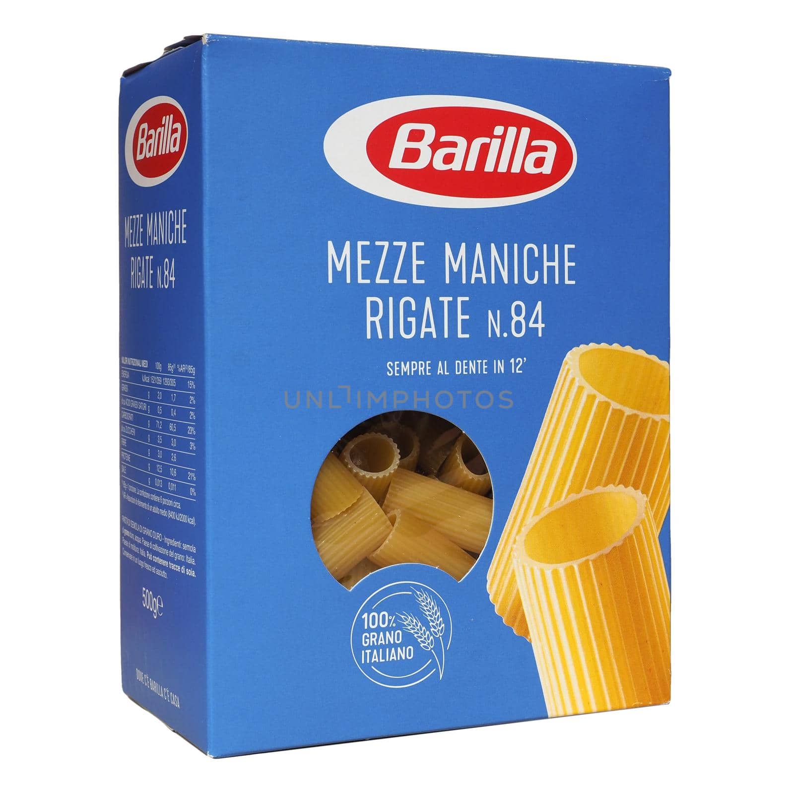 PARMA - FEB 2021: Barilla box of pasta isolated over white by claudiodivizia