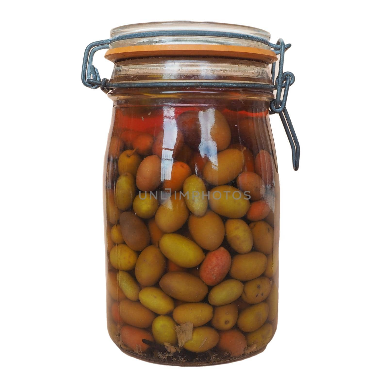 jar of green olives isolated over white background