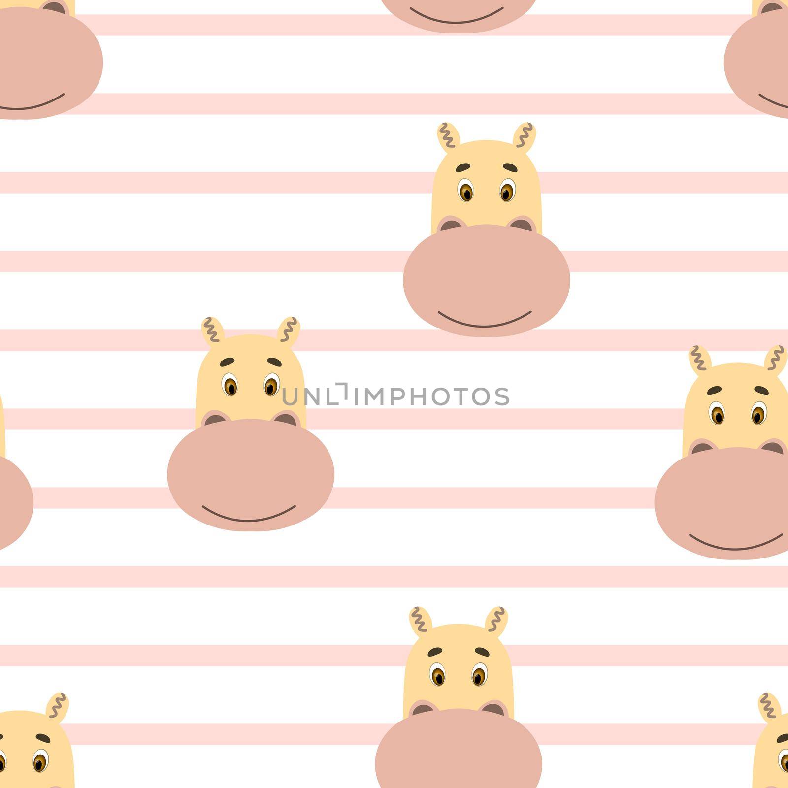 Vector flat animals colorful illustration for kids. Seamless pattern with cute hippopotamus face on white striped background. Adorable cartoon character. Design for card, poster, fabric, textile.