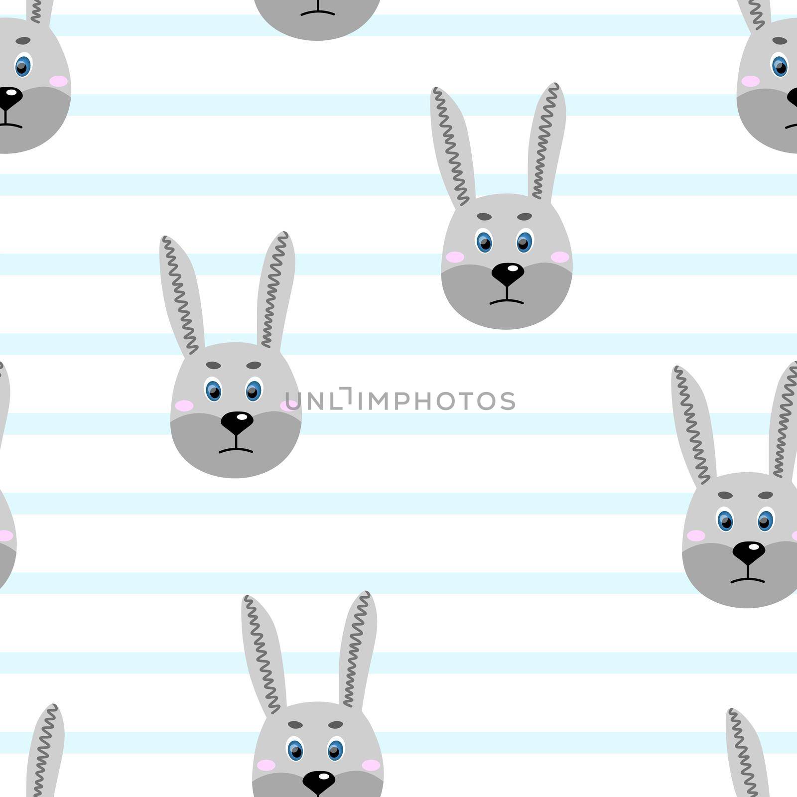Vector flat animals colorful illustration for kids. Seamless pattern with cute hare face on white striped background. Adorable cartoon character. Design for card, poster, fabric, textile. Rabbit.