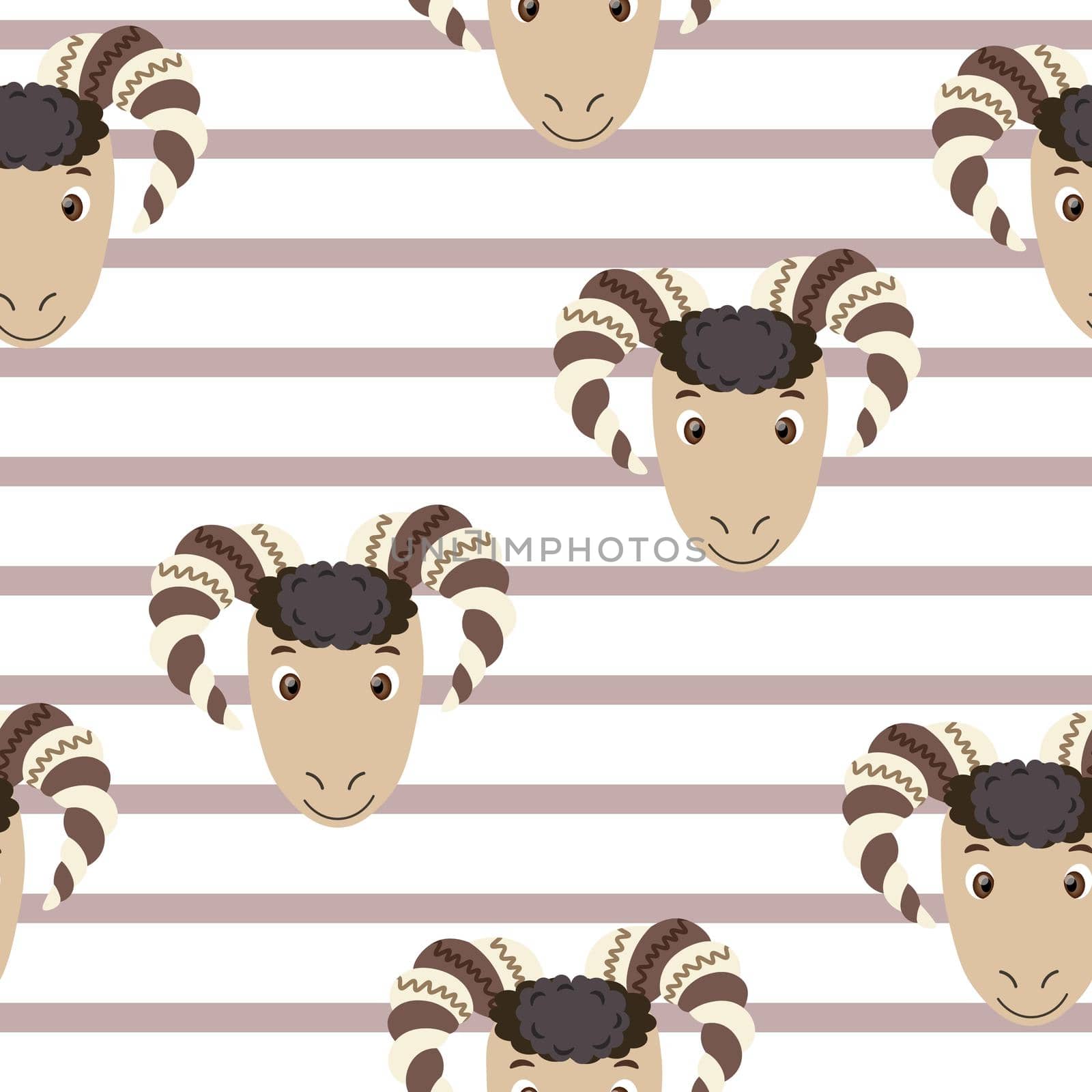 Vector flat animals colorful illustration for kids. Seamless pattern with ram face on white striped background. Cute sheep. Adorable cartoon character. Design for textures, card, fabric, textile. by allaku