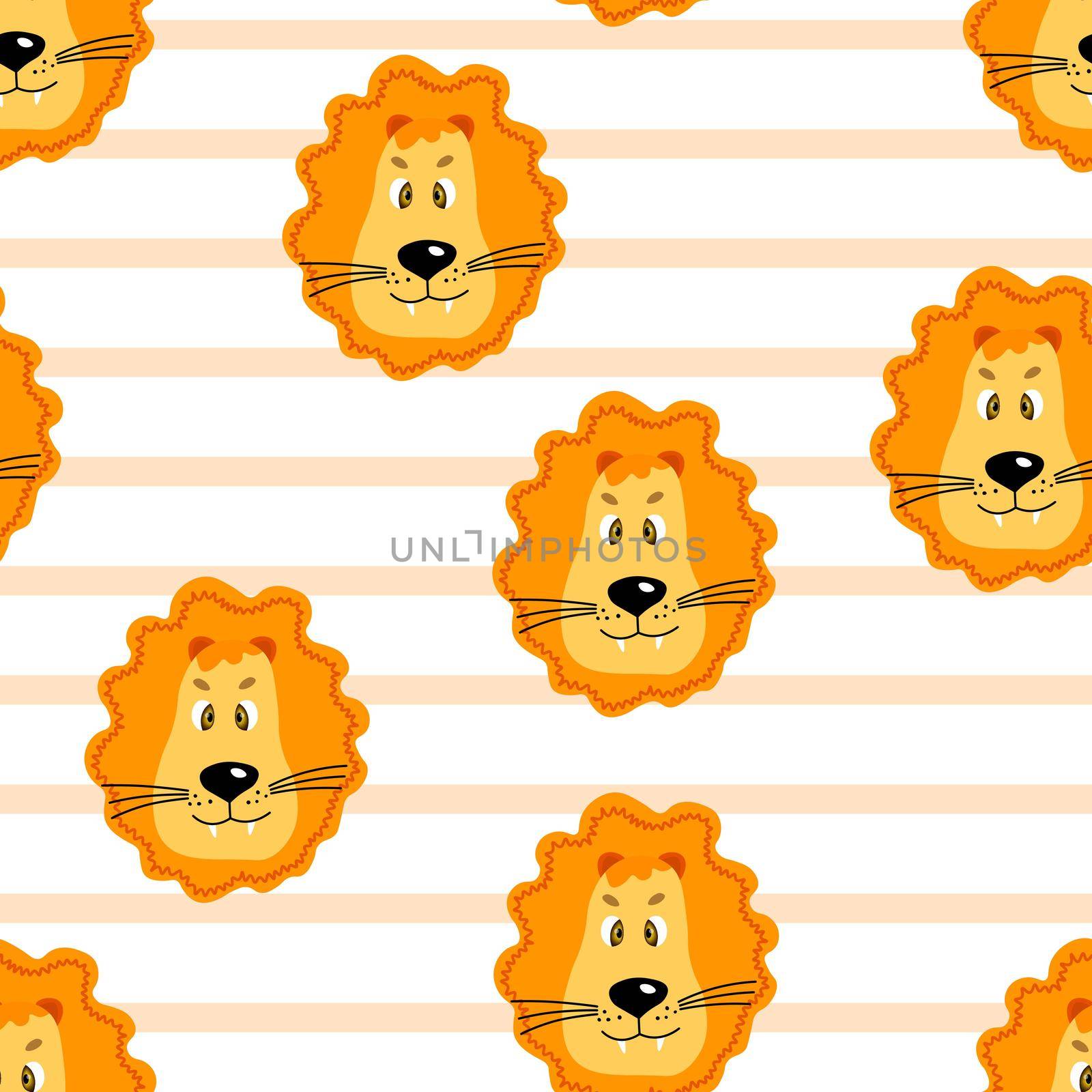 Vector flat animals colorful illustration for kids. Seamless pattern with cute lion face on white striped background. Adorable cartoon character. Design for textures, card, poster, fabric, textile. by allaku