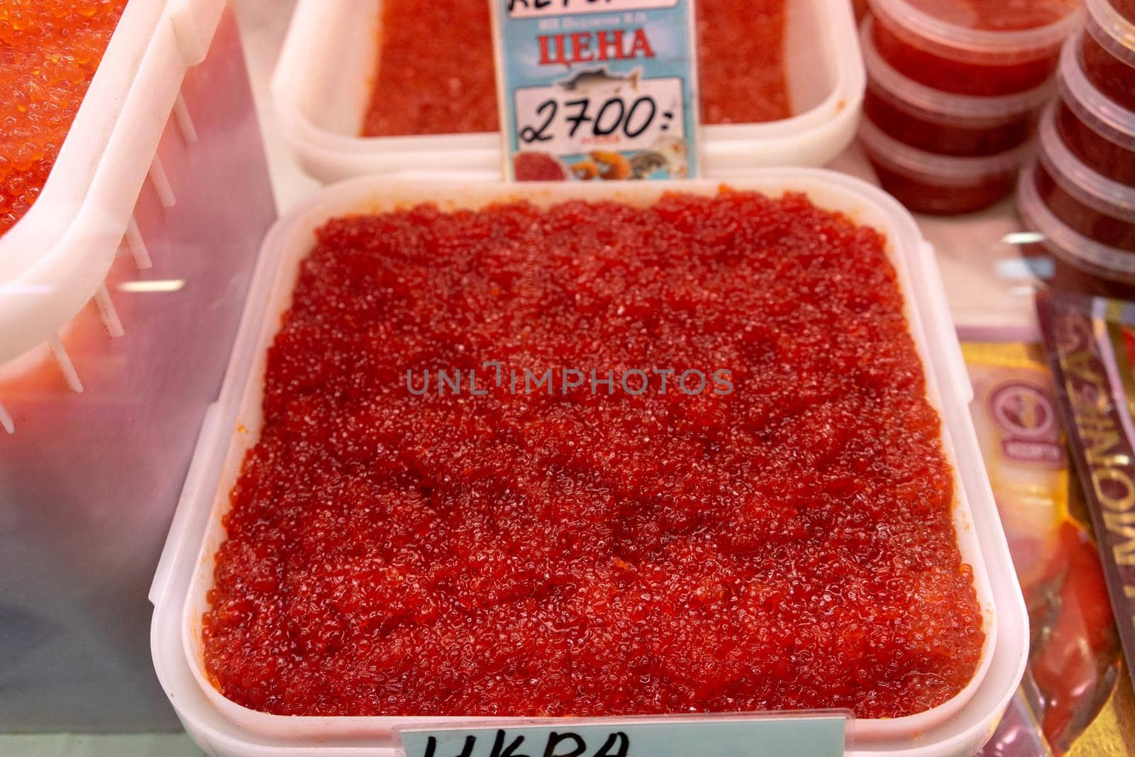 Petropavlovsk-Kamchatsky, Russia-October 6, 2019: red caviar on display at the seafood market.