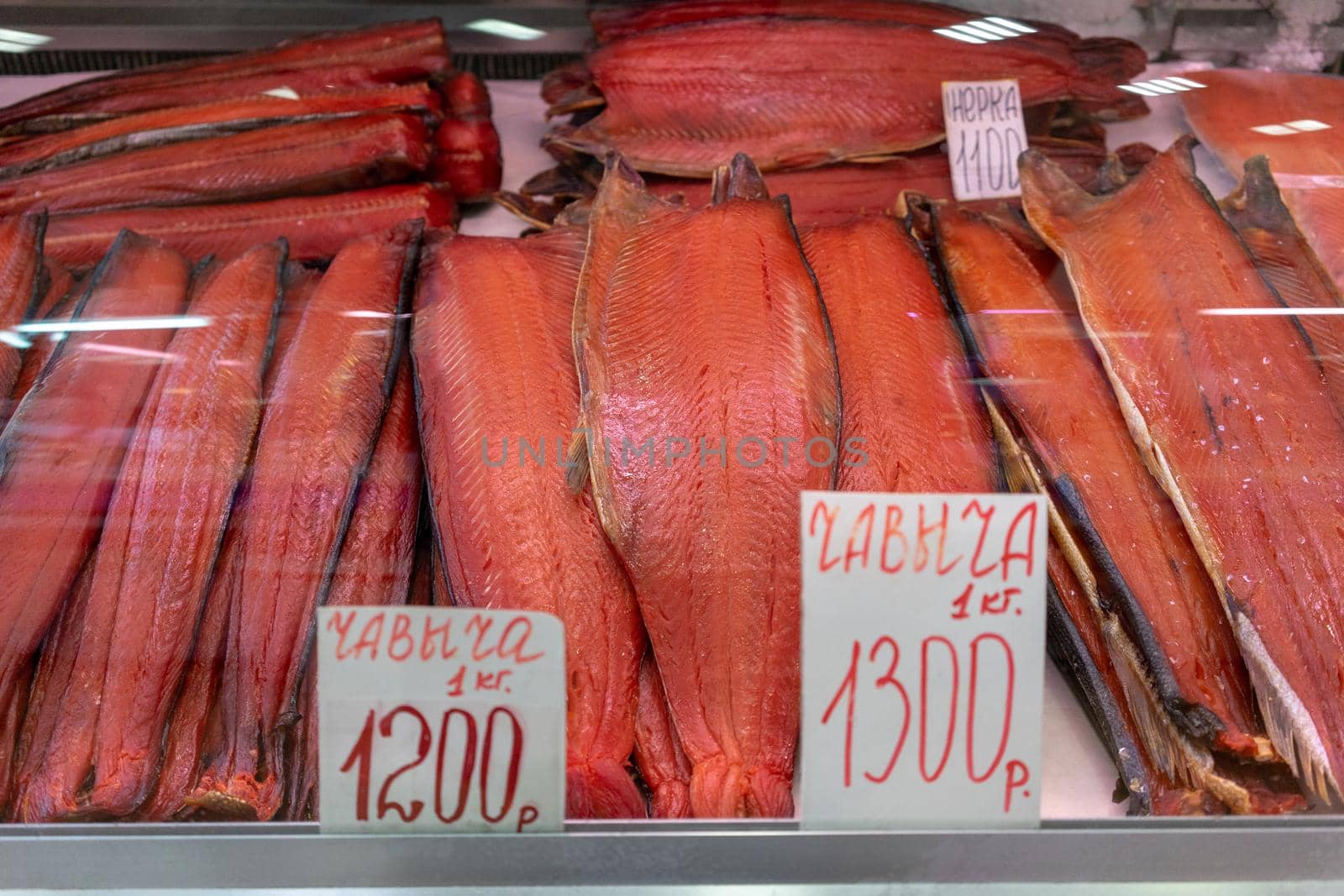 Petropavlovsk-Kamchatsky, Russia-October 6, 2019: Red fish in the seafood market showcase.