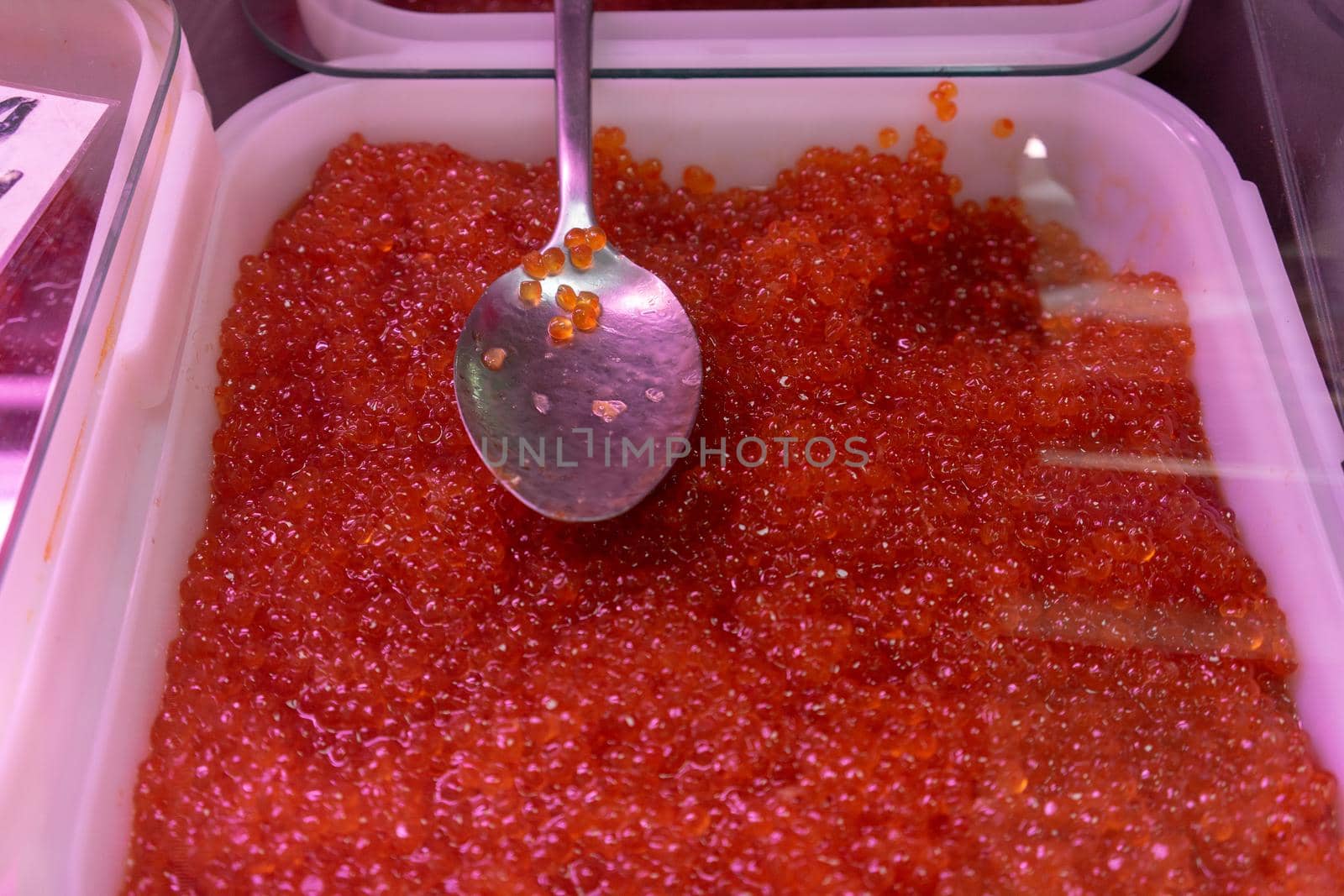 Petropavlovsk-Kamchatsky, Russia. red caviar on display at the seafood market.