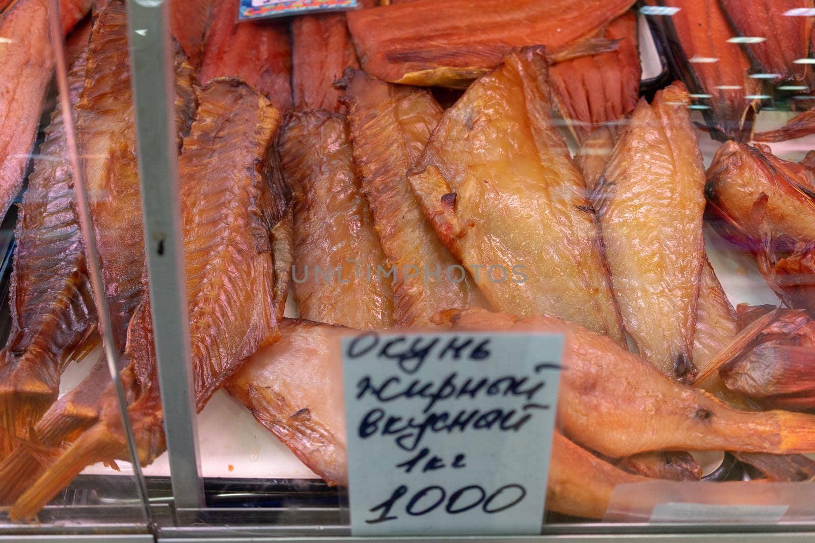 Petropavlovsk-Kamchatsky, Russia-October 6, 2019: Red fish in the seafood market showcase.