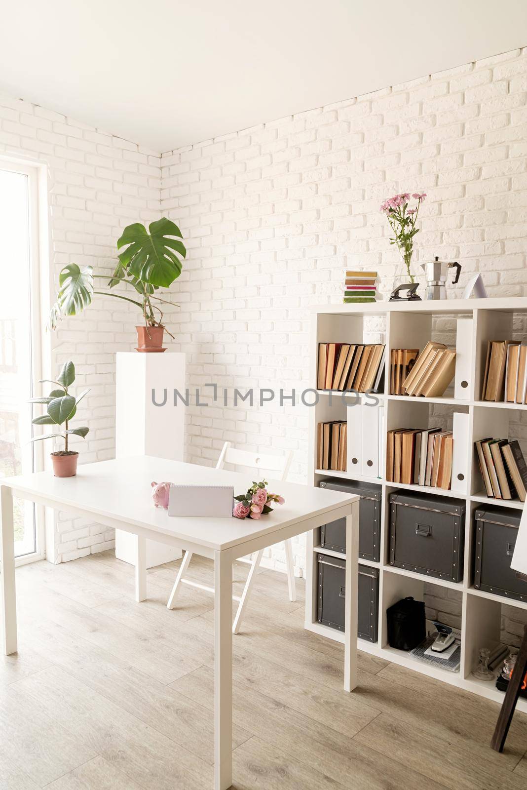 Cozy home interior. Stylish room interior, bookshelves and workspace