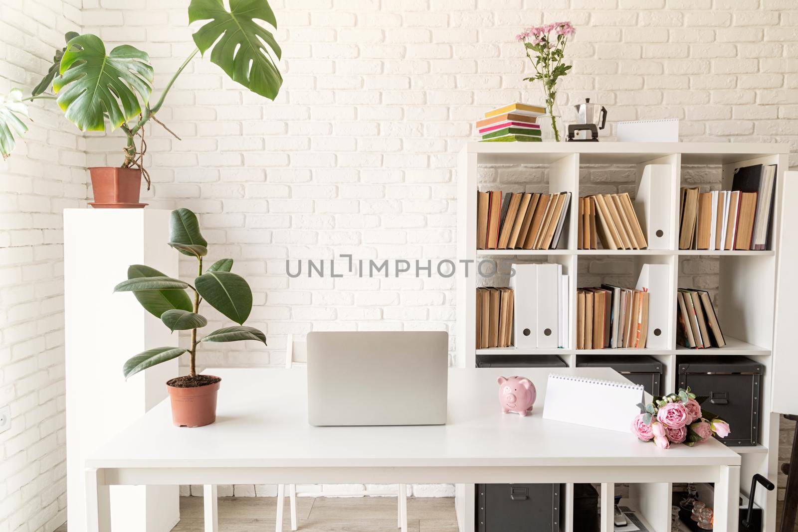 Cozy home interior. Stylish cozy workspace with laptop, bookshelves and plants