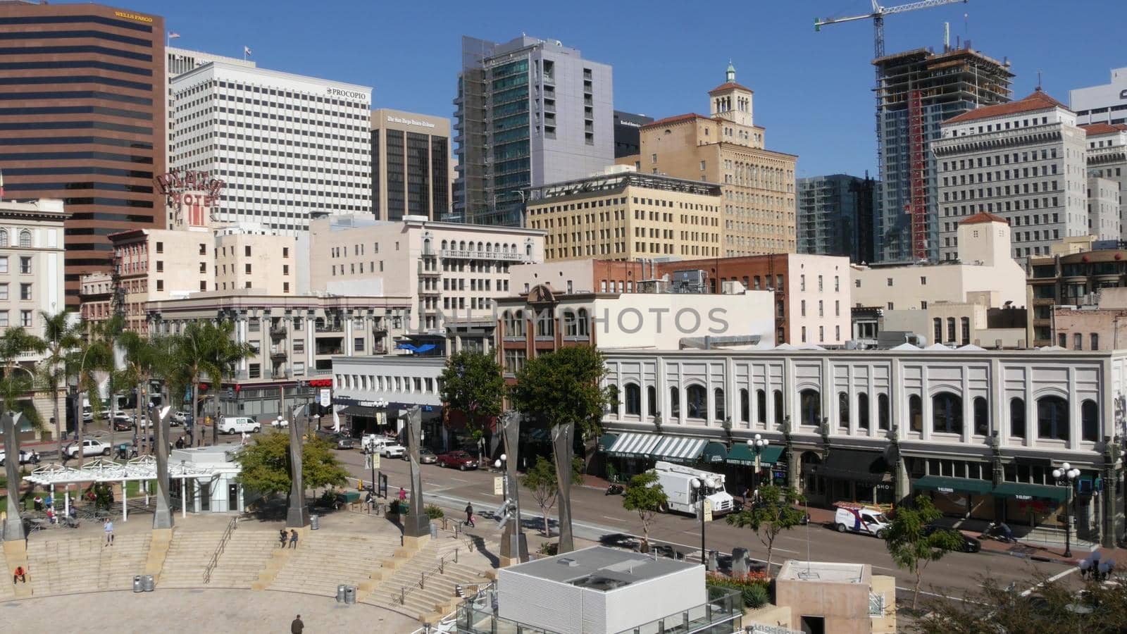 SAN DIEGO, CALIFORNIA USA - 13 FEB 2020: Metropolis urban skyline of downtown. From above aerial view from Horton Plaza, various highrise buildings in Gaslamp Quarter. Overlook the financial district by DogoraSun