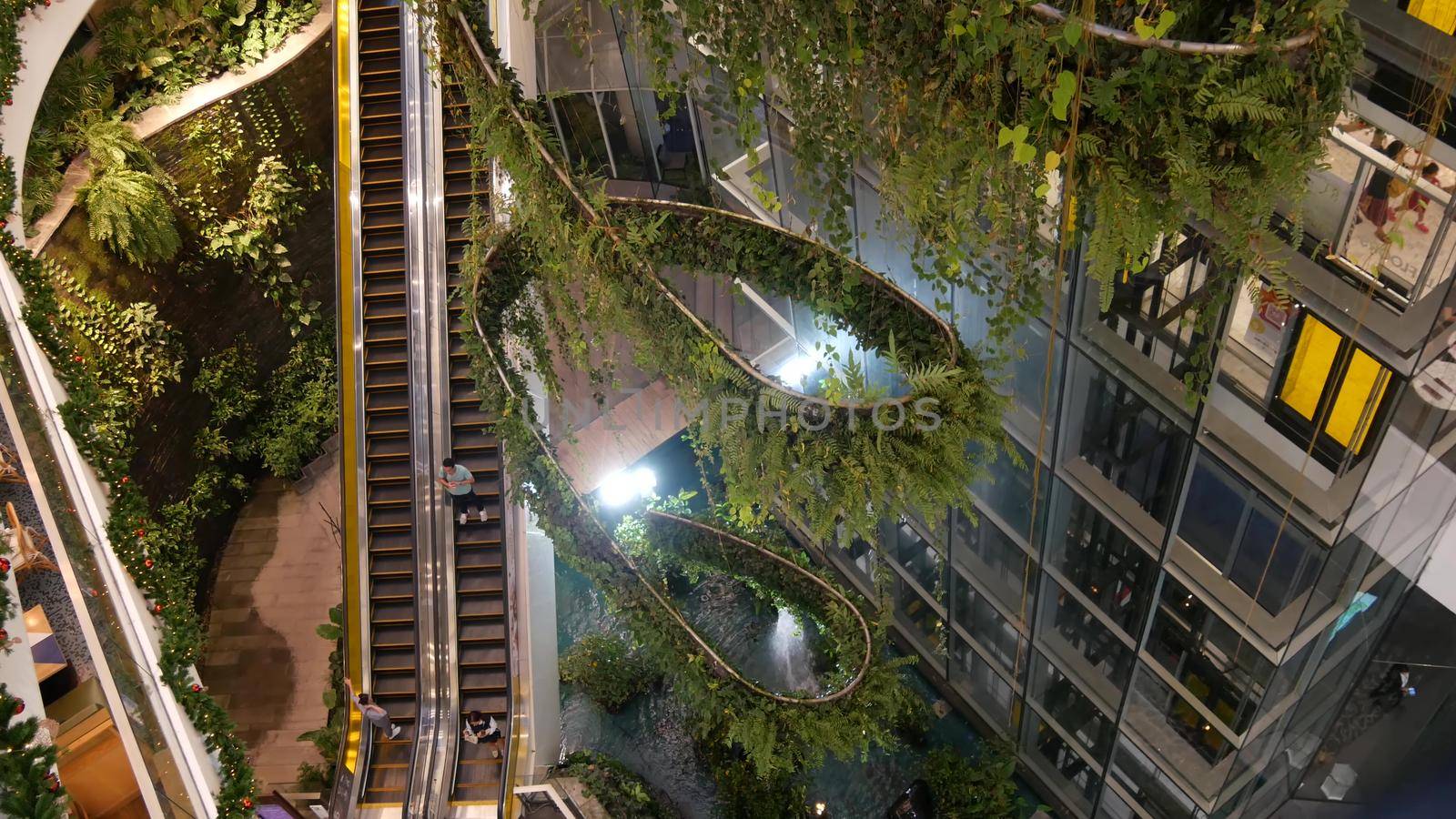 BANGKOK, THAILAND - 18 DECEMBER, 2018 The Emquartier luxury shopping center. Design of mall, green environmentally friendly concept. hanging garden, futuristic eco architecture. Modern city. Escalator