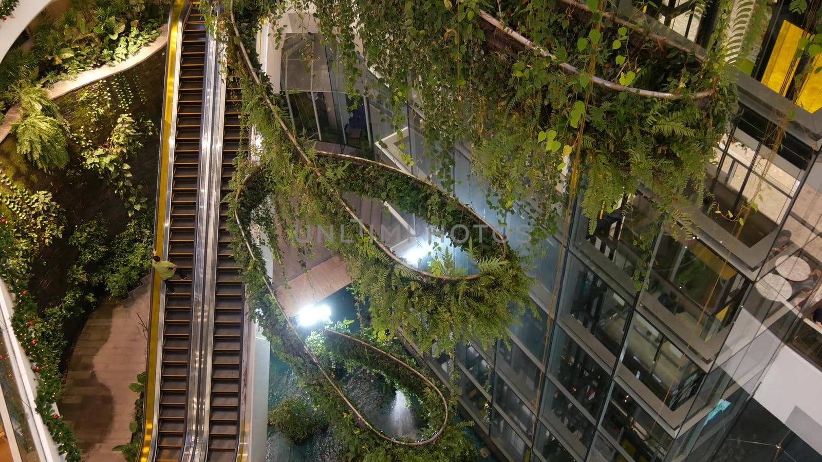 BANGKOK, THAILAND - 18 DECEMBER, 2018 The Emquartier luxury shopping center. Design of mall, green environmentally friendly concept. hanging garden, futuristic eco architecture. Modern city. Escalator