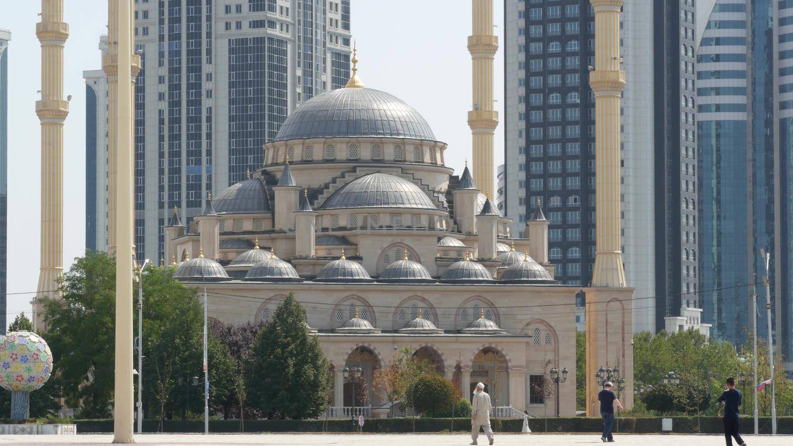 GROZNY, THE CHECHEN REPUBLIC OF ICHKERIA, CAUCASUS, RUSSIA - 6 SEPTEMBER 2019: Day of Civil Concord and Unity celebration in capital near The Heart of Chechnya. People on square near islamic mosque