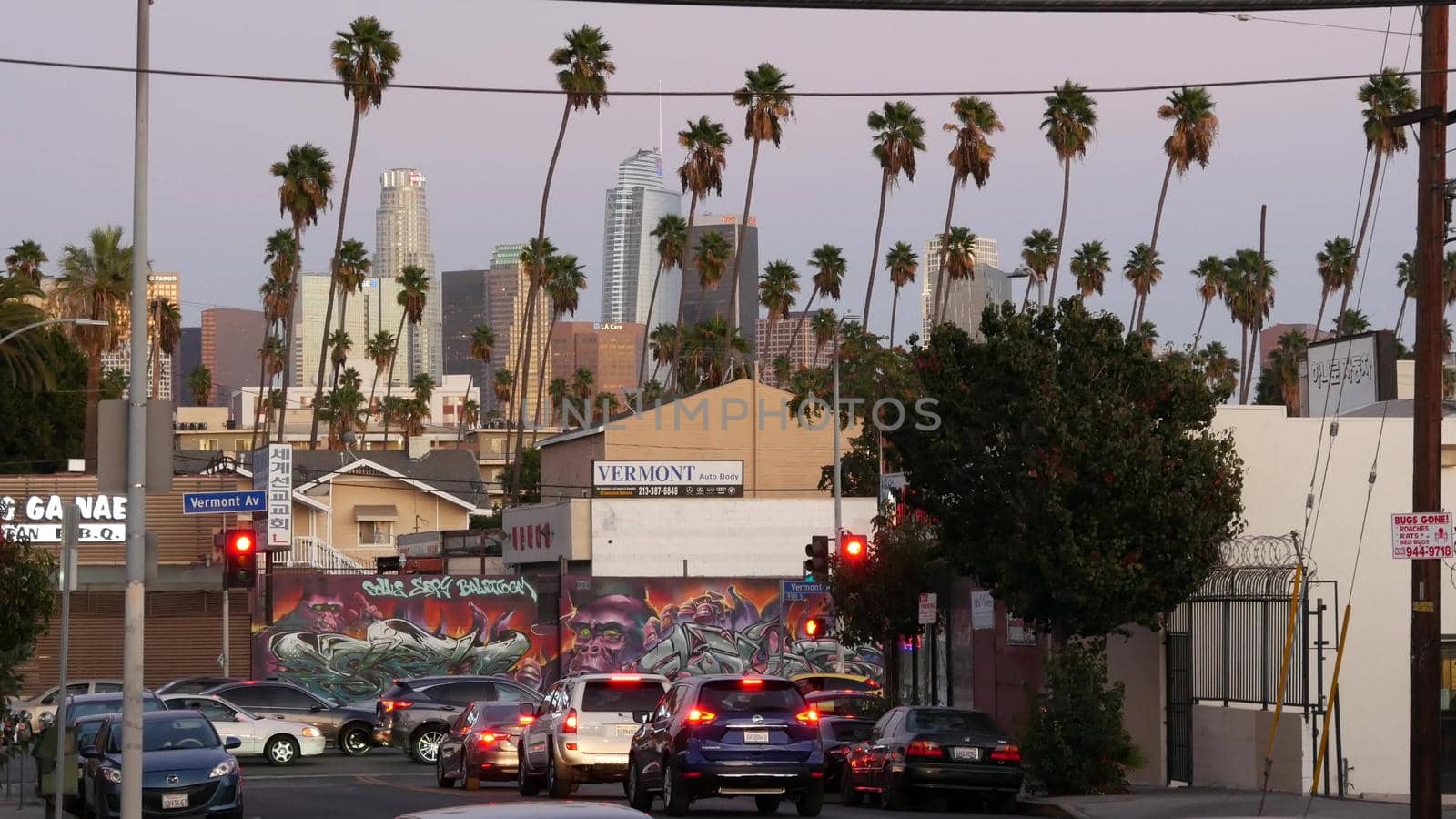 LOS ANGELES, CALIFORNIA, USA - 30 OCT 2019: Urban skyline and palms. LA city night aesthetic, graffiti painting on Vermont street. Highrise skyscrapers in downtown of metropolis. Road intersection by DogoraSun