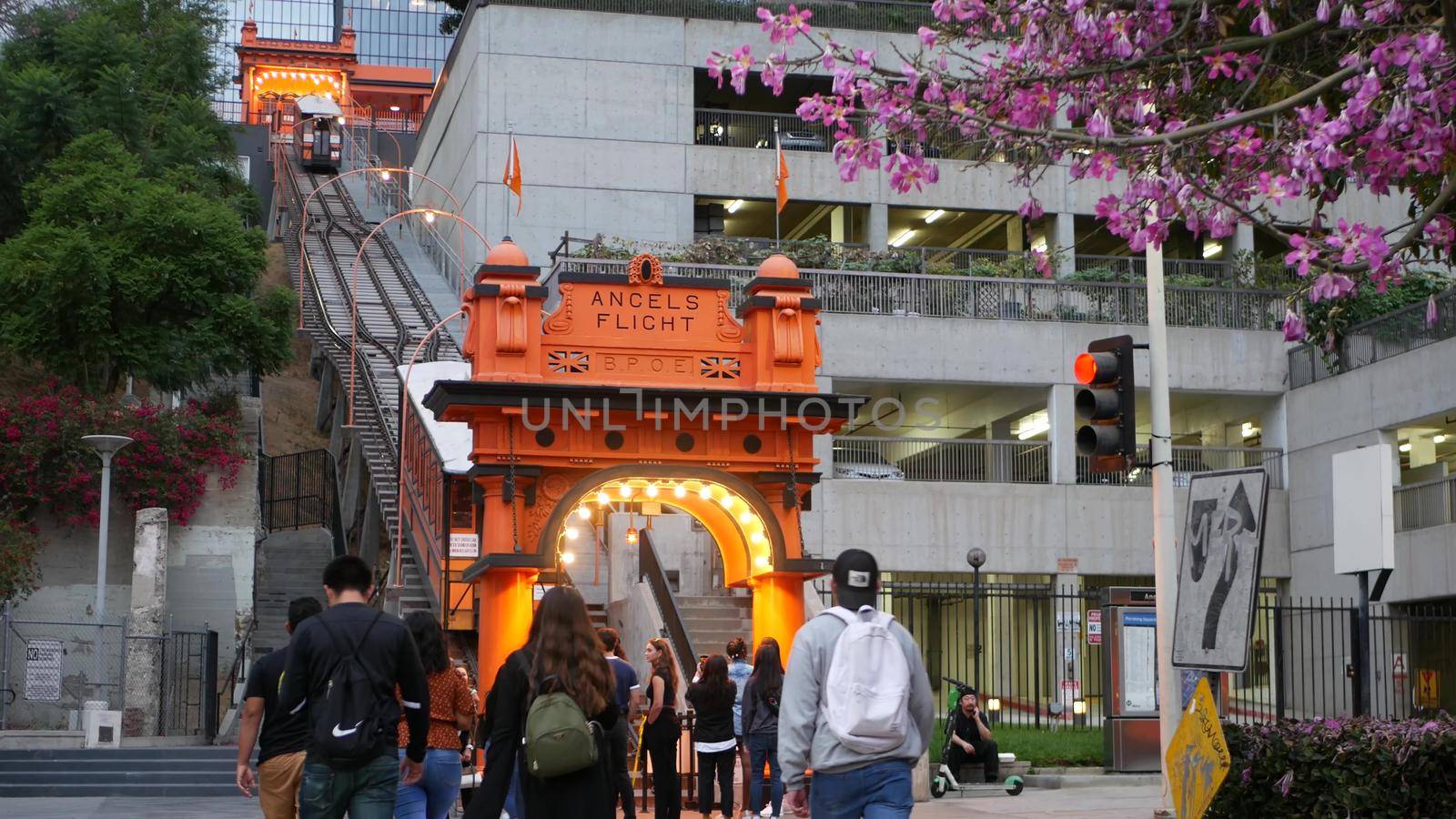 LOS ANGELES, CALIFORNIA, USA - 27 OCT 2019: Angels Flight retro funicular railway cabin. Vintage cable car station. Old-fashioned public passenger transport in Hollywood. Historic tourist landmark by DogoraSun