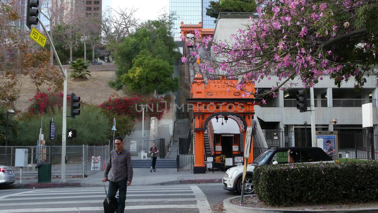 LOS ANGELES, CALIFORNIA, USA - 30 OCT 2019: Angels Flight retro funicular railway cabin. Vintage cable car station. Old-fashioned public passenger transport in Hollywood. Historic tourist landmark by DogoraSun