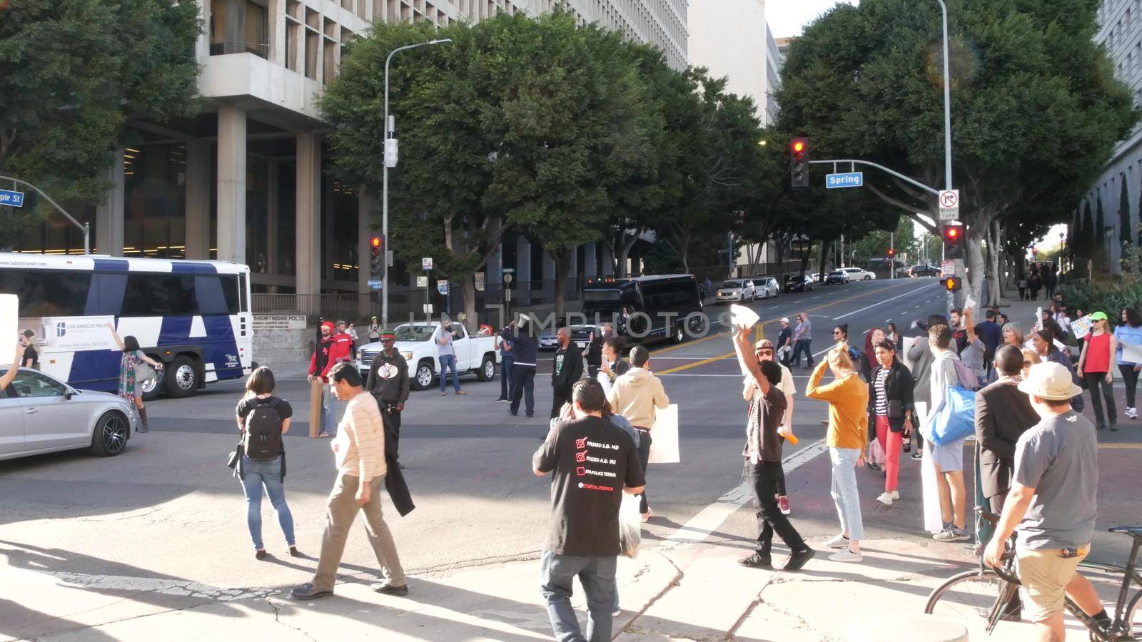 LOS ANGELES, CALIFORNIA, USA - 30 OCT 2019: People strike near Hall of Justice. Protest picket in front of Sheriff's Department and Courthouse. Demonstration of activists near LA government building by DogoraSun