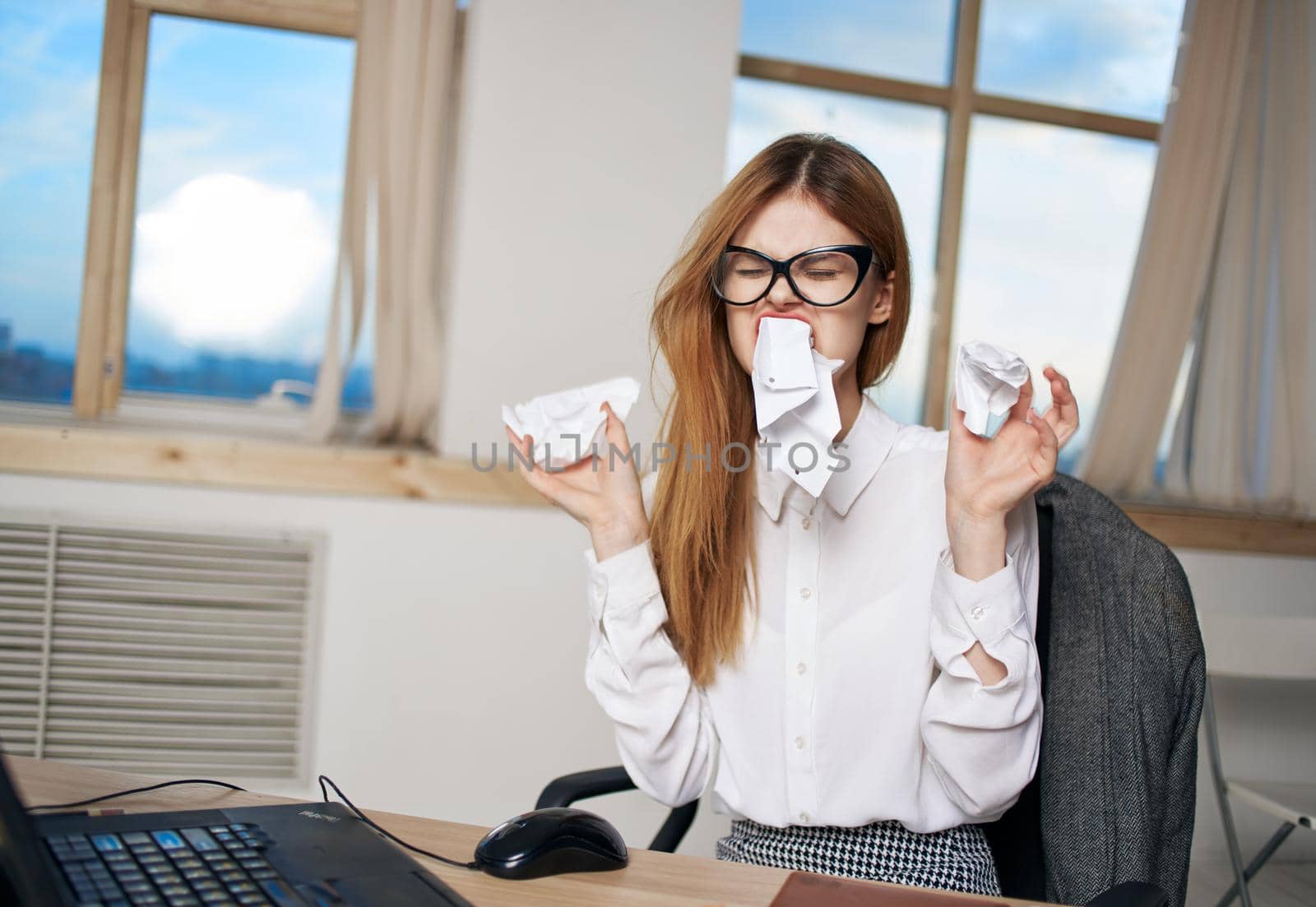 Business woman secretary coins paper in office discontent emotions hands by SHOTPRIME