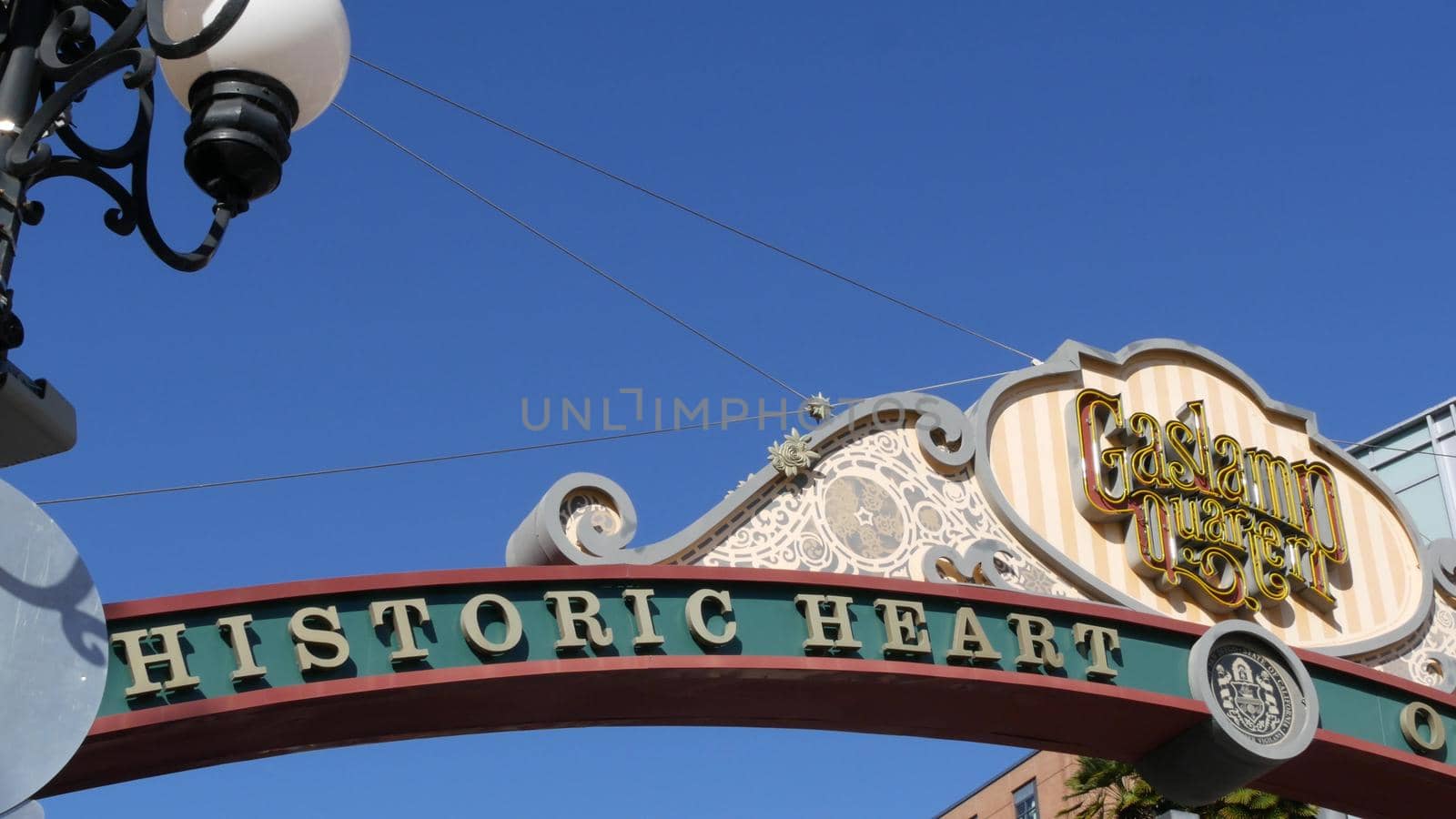 SAN DIEGO, CALIFORNIA USA - 13 FEB 2020: Gaslamp Quarter historic entrance arch sign. Retro signboard on 5th ave. Iconic vintage signage, old-fashioned tourist landmark, city symbol and sightseeing by DogoraSun