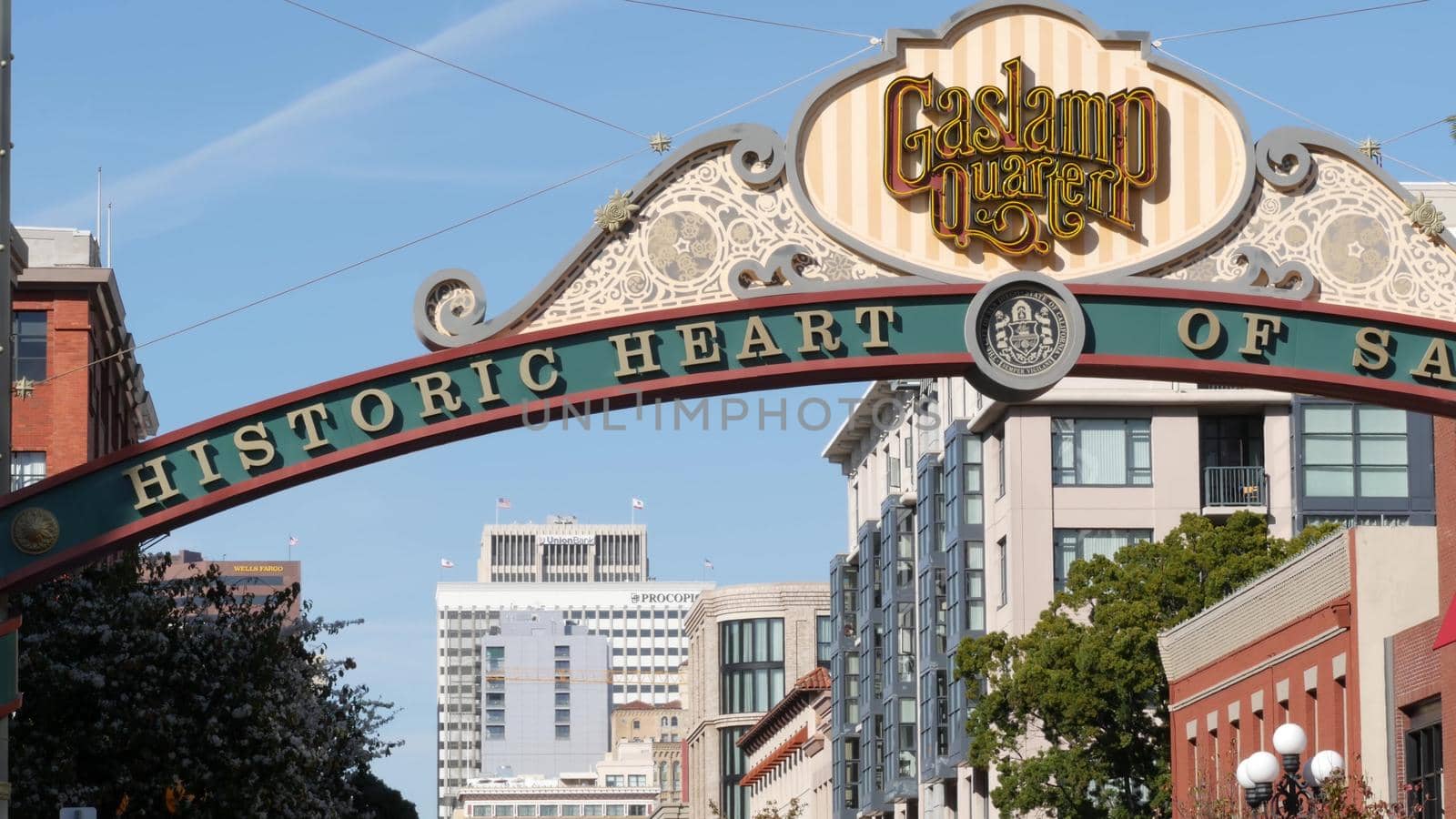 SAN DIEGO, CALIFORNIA USA - 13 FEB 2020: Gaslamp Quarter historic entrance arch sign. Retro signboard on 5th ave. Iconic vintage signage, old-fashioned tourist landmark, city symbol and sightseeing.