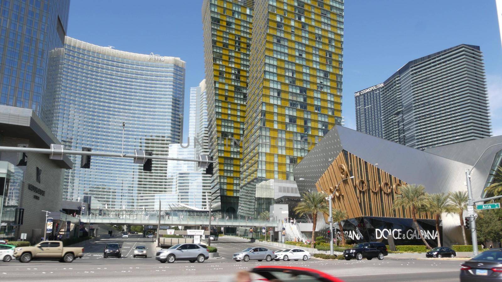 LAS VEGAS, NEVADA USA - 7 MAR 2020: Futuristic CityCenter casinos in sin city. Modern luxury unincorporated urban skyline. Contemporary metropolis highrise skyscrapers and Crystals rich shopping mall by DogoraSun