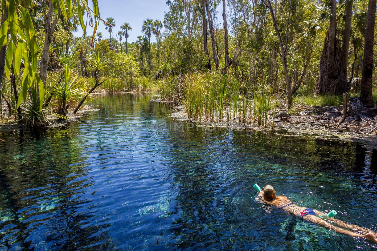 young women is swiming in mataranka hot springs in waterhouse river, mataranka, northern territory, australia, by bettercallcurry