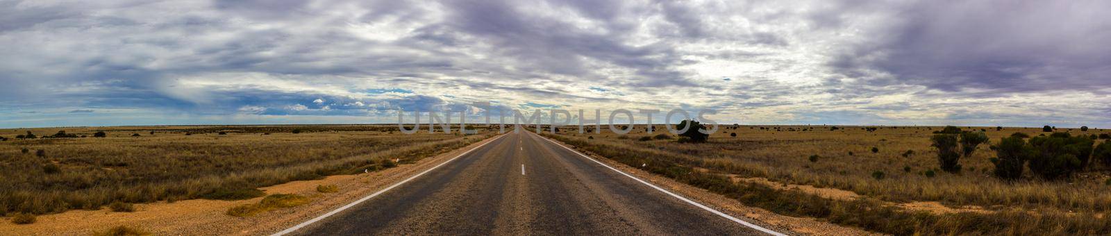 panorama of a straight road through the nullarbor dessert of Australia, South Australia, Australia by bettercallcurry