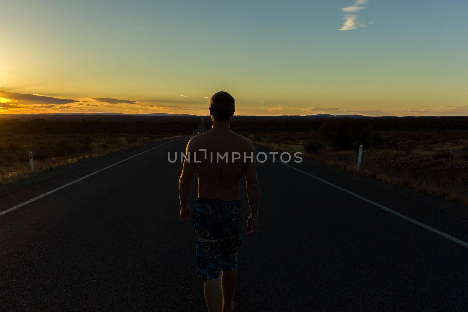 panorama of a straight road through the nullarbor of Australia, South Australia