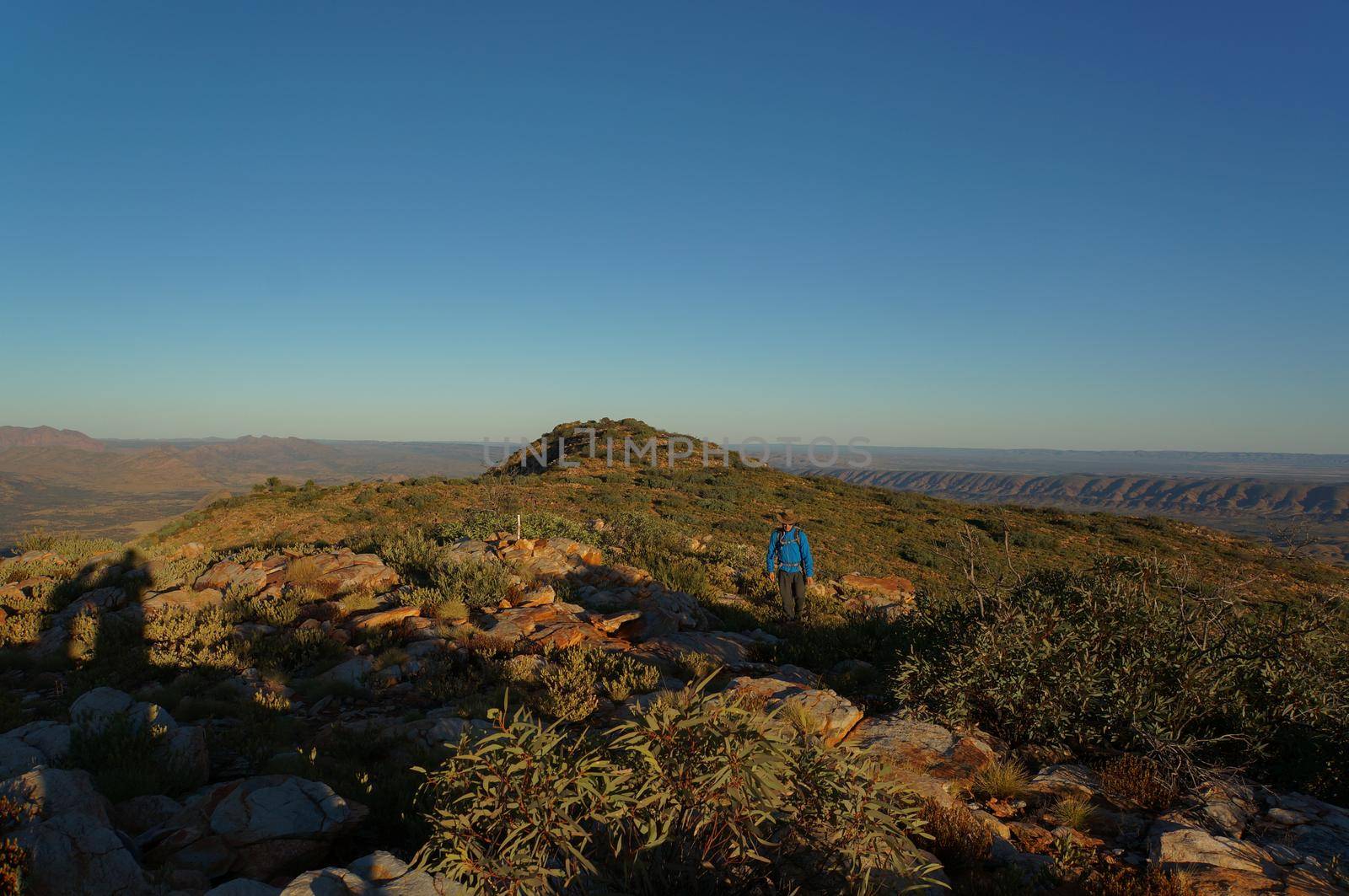 man hiking at the top of Mount Sonder just outside Alice Springs, West MacDonnel National Park, Australia by bettercallcurry