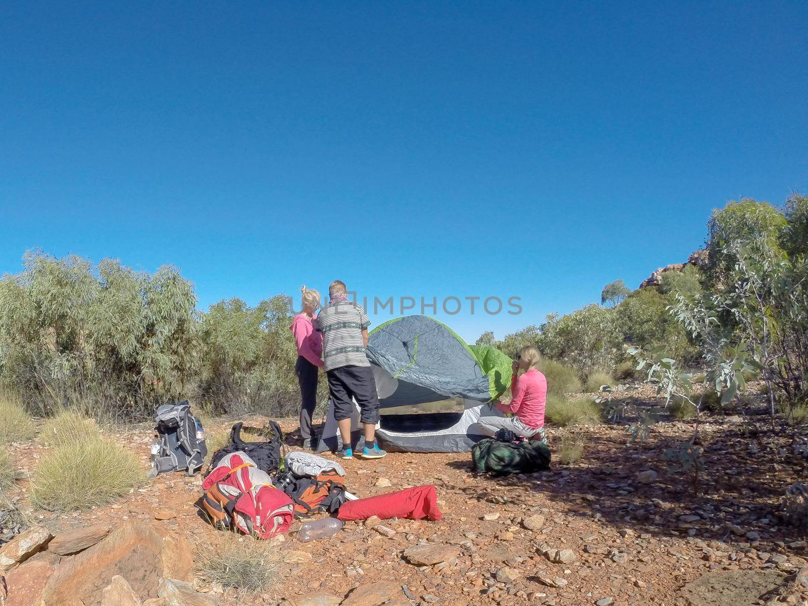 group of hikers putting up a tent in the dessert, Australia by bettercallcurry