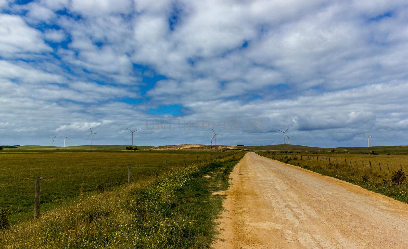 straight gravel road through to the Grampians Natioanl Park with a wind farm in the distance, New South Wales, Australia by bettercallcurry