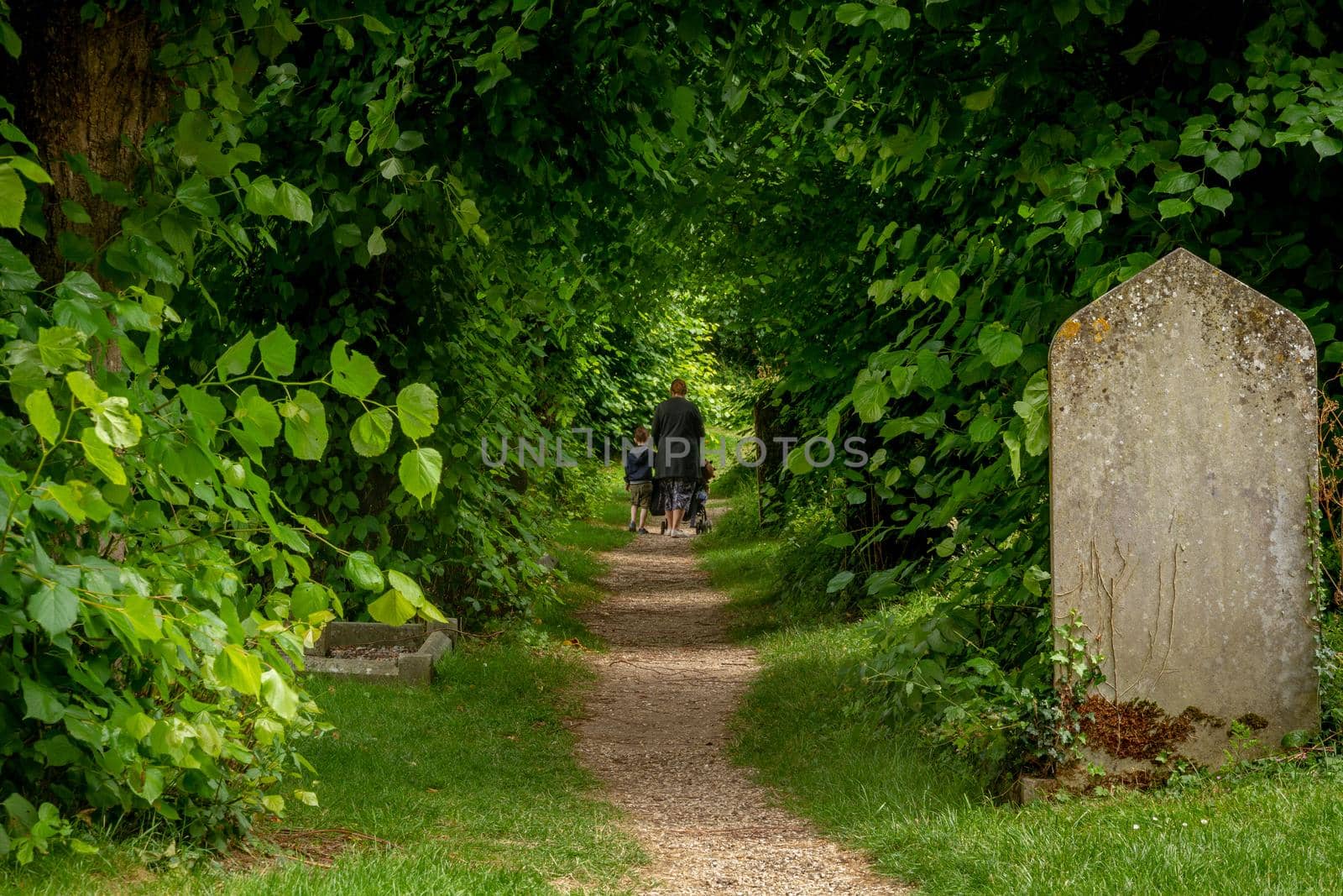 Rear shot of a woman and a child walking through a sand path under the trees