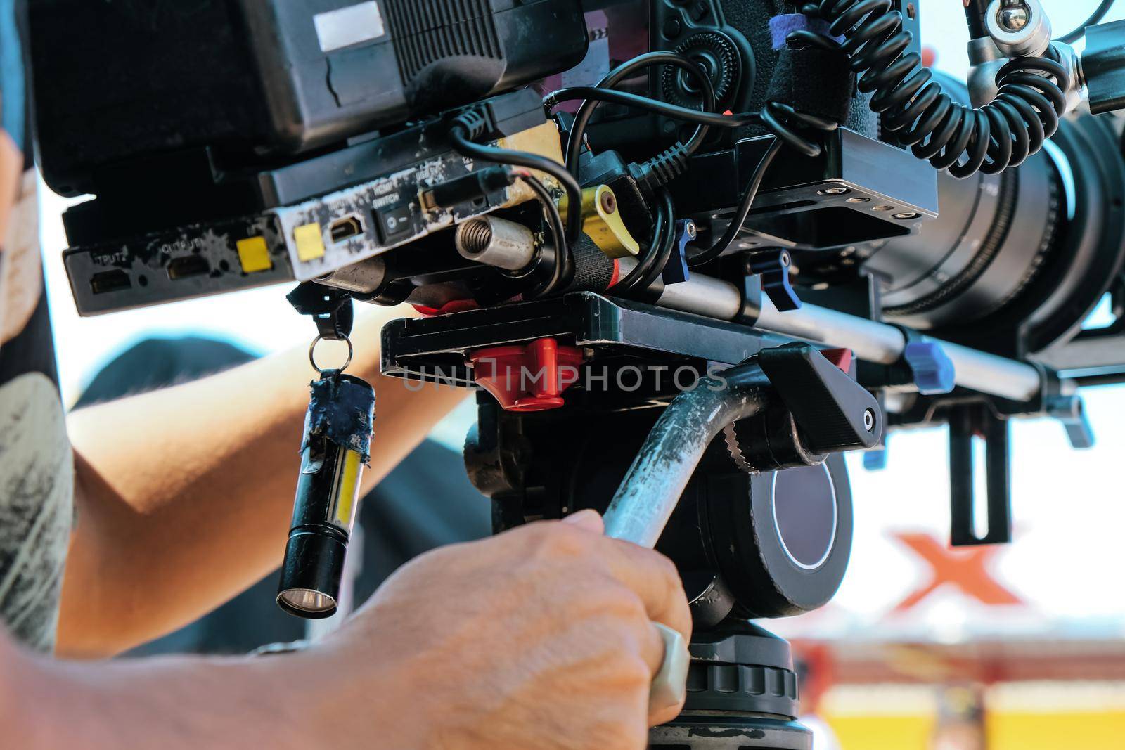 Film industry. Filming with professional camera background