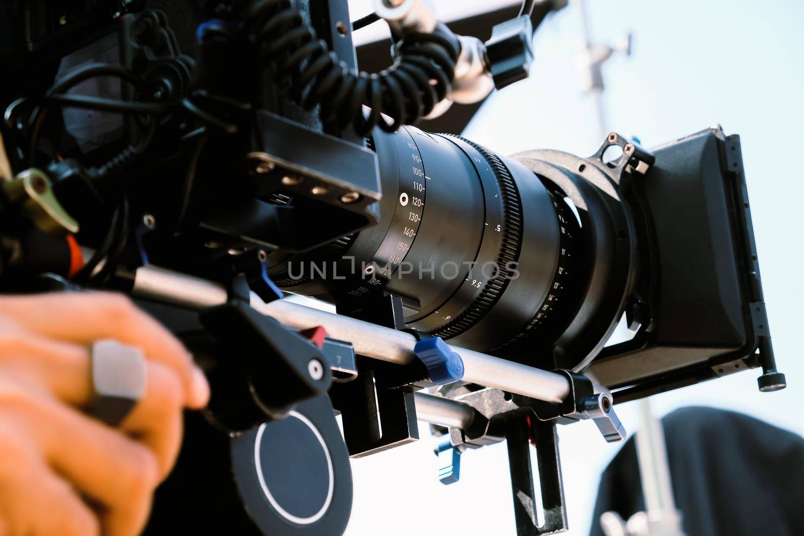 Film industry. Filming with professional camera background