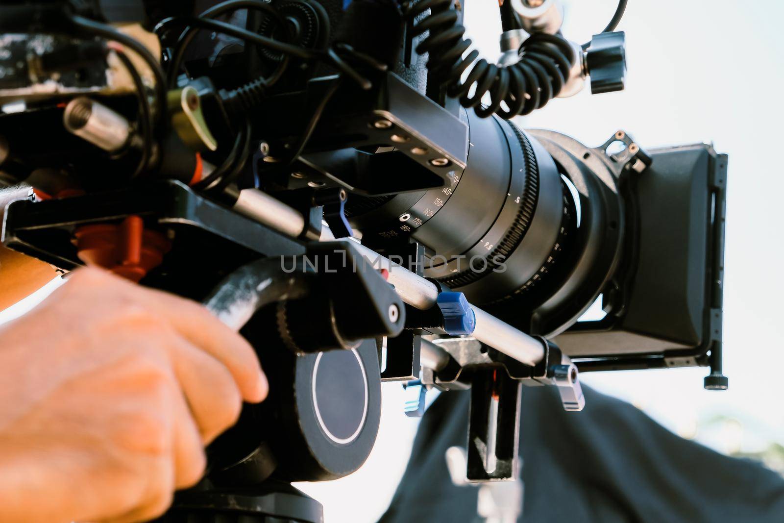 Film industry. Filming with professional camera background