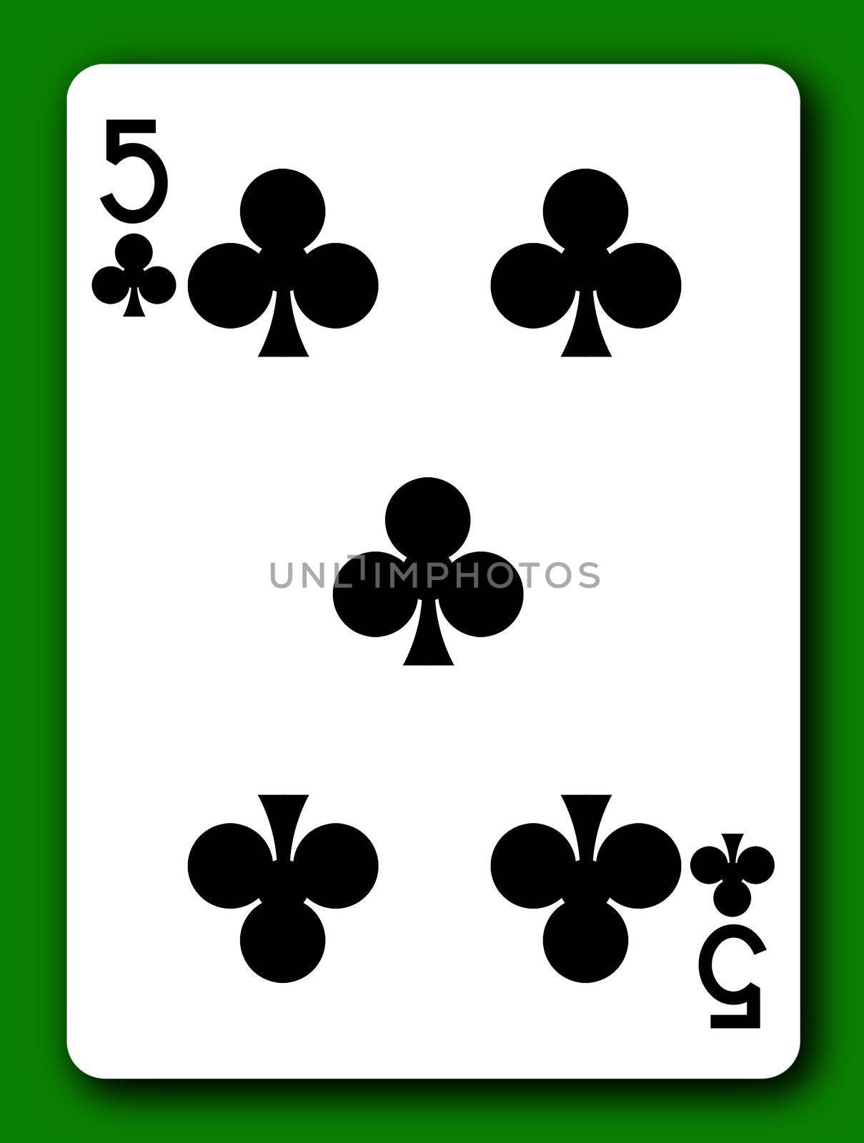 A 5 Five of Clubs playing card with clipping path to remove background and shadow 3d illustration
