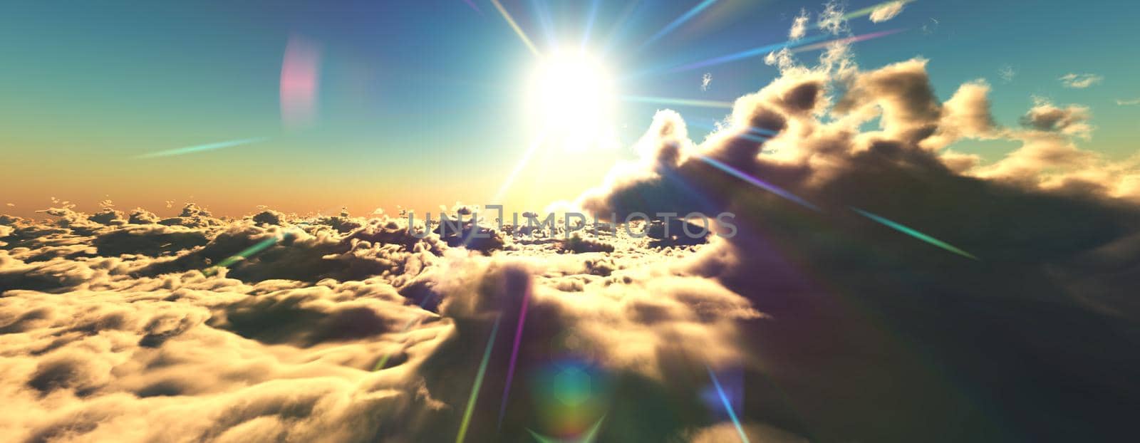 above clouds fly sunset sun ray illustration, 3d render