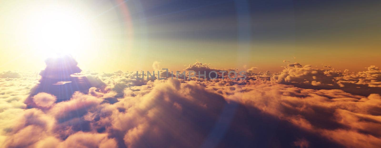 above clouds fly sunset sun ray illustration, 3d render