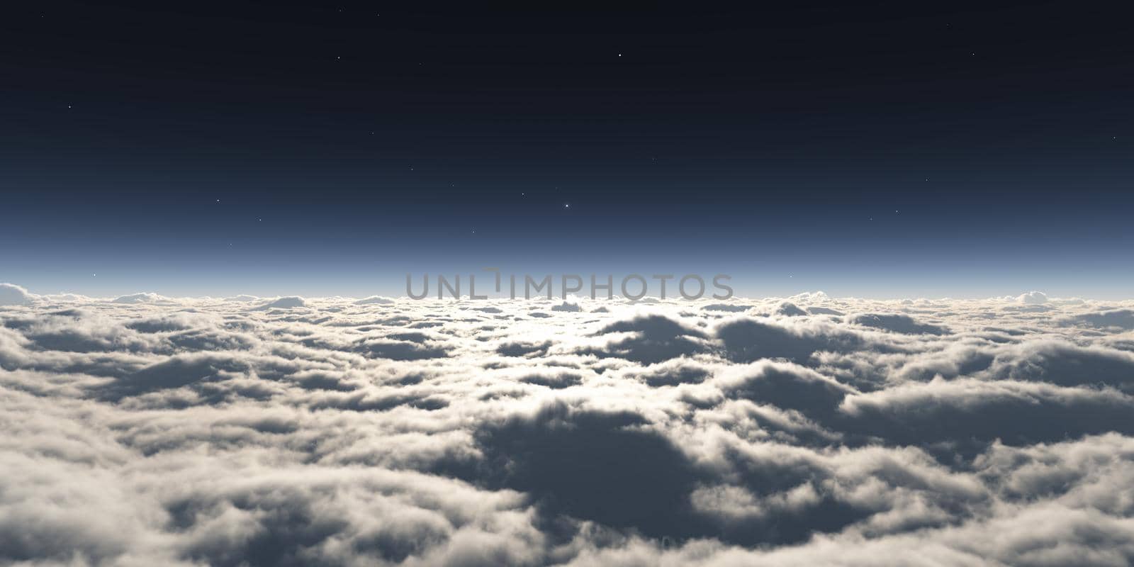 dream fly above clouds ray light, 3d rendering illustration