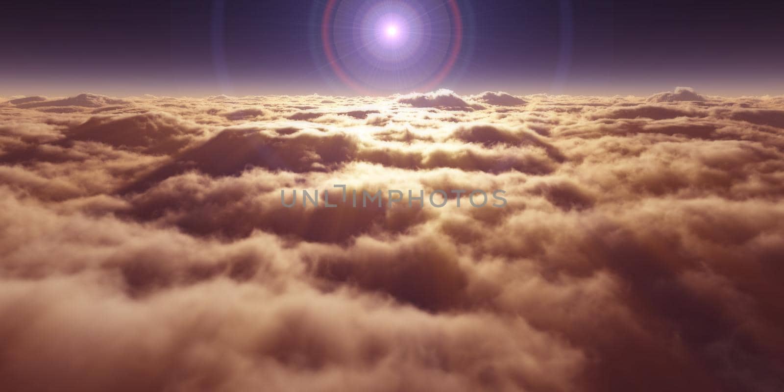 dream fly above clouds ray light, 3d rendering illustration