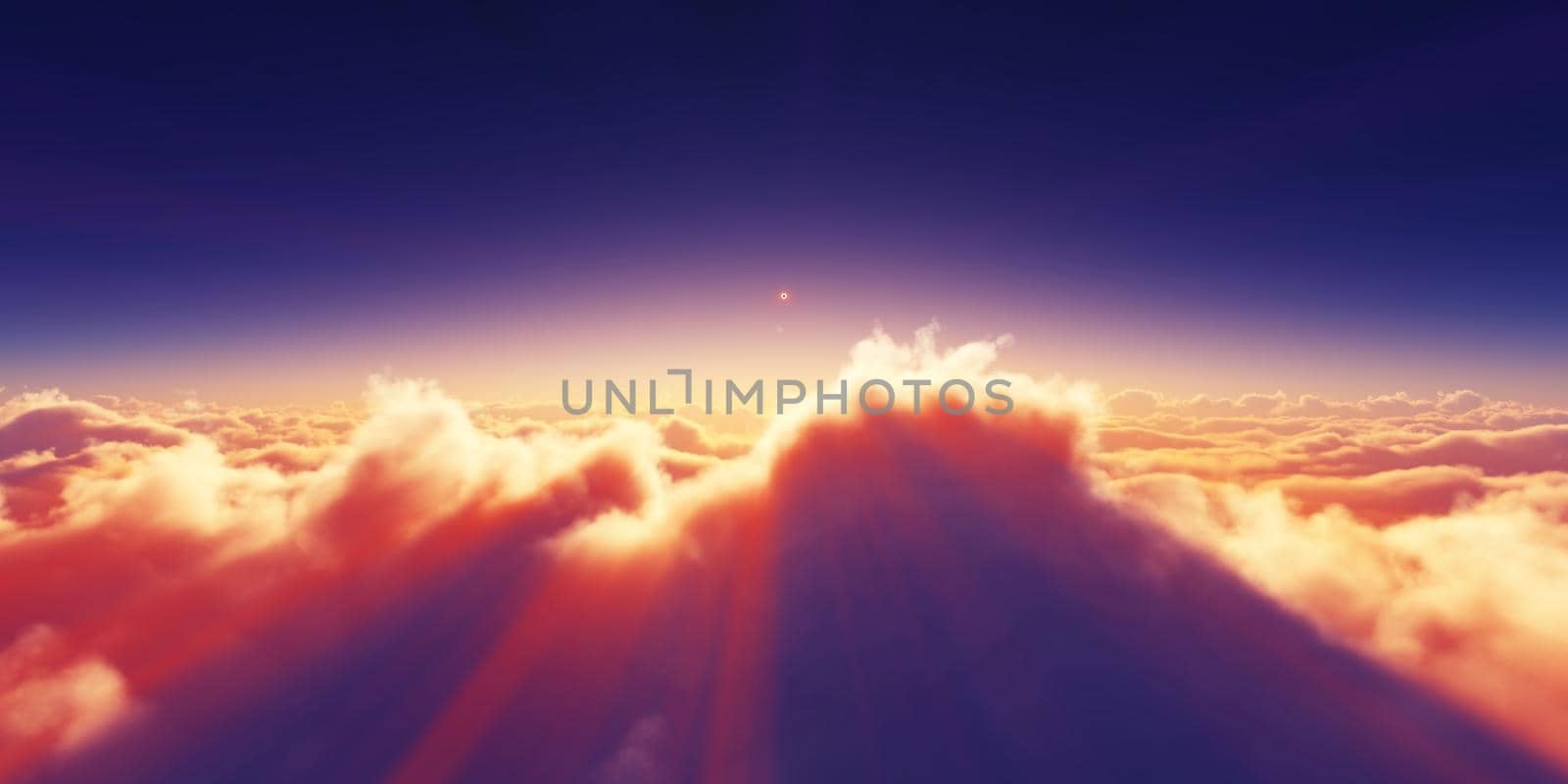 above clouds sunrise sun ray illustration, 3d rendering