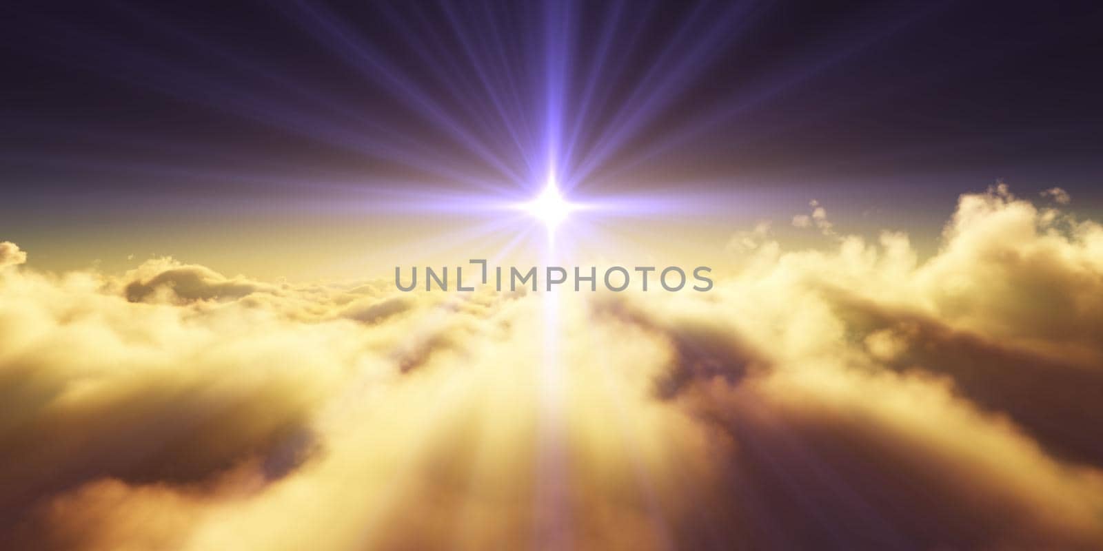 above clouds sunrise sun ray illustration, 3d rendering