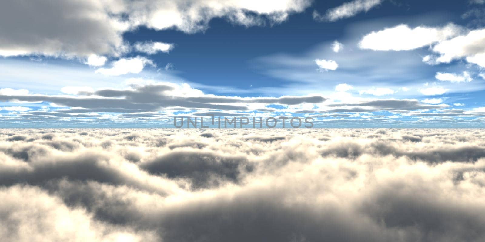 above clouds fly sunset sun ray illustration, 3d render