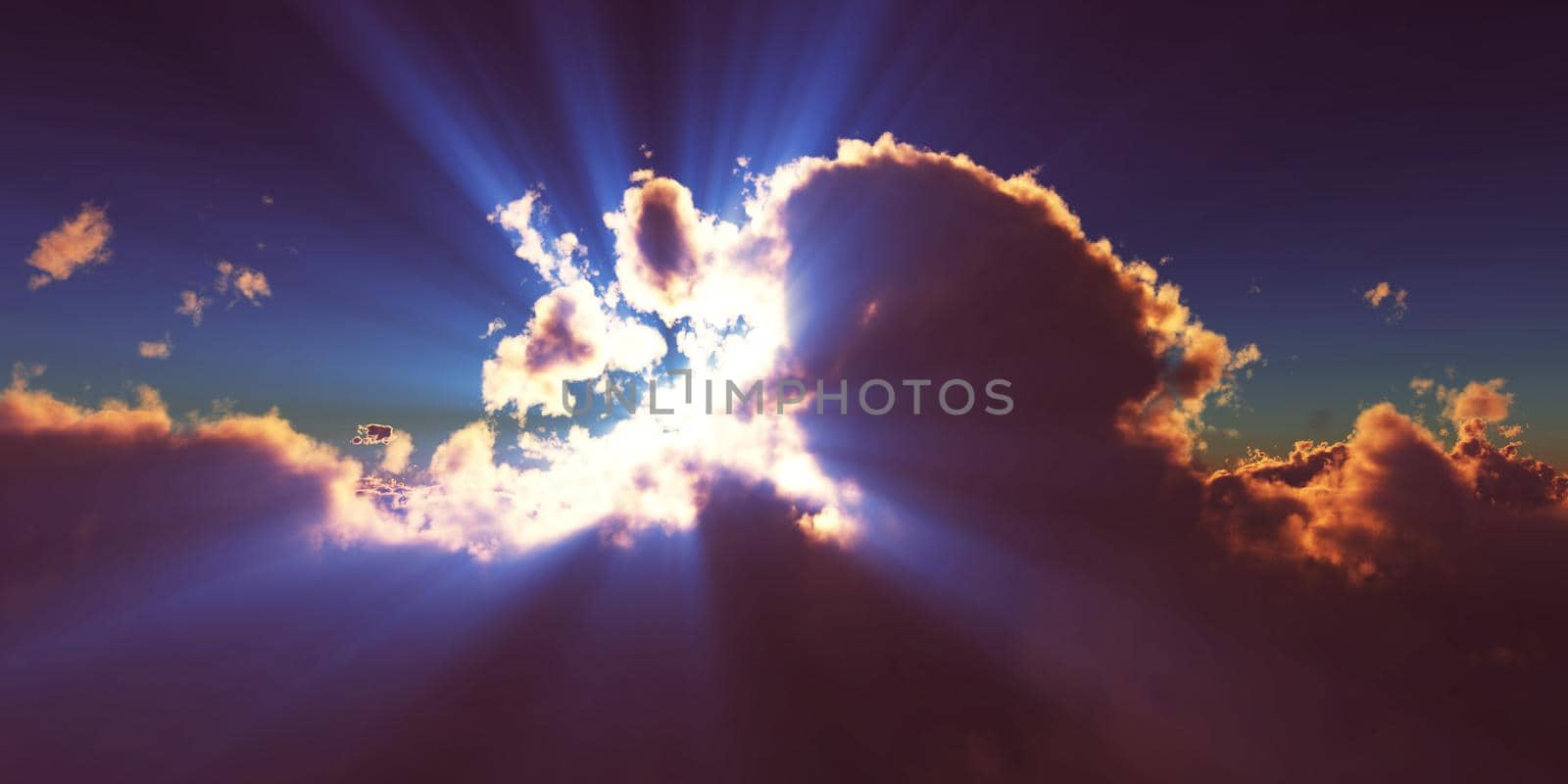 above clouds sun ray sunset. 3d render illustration