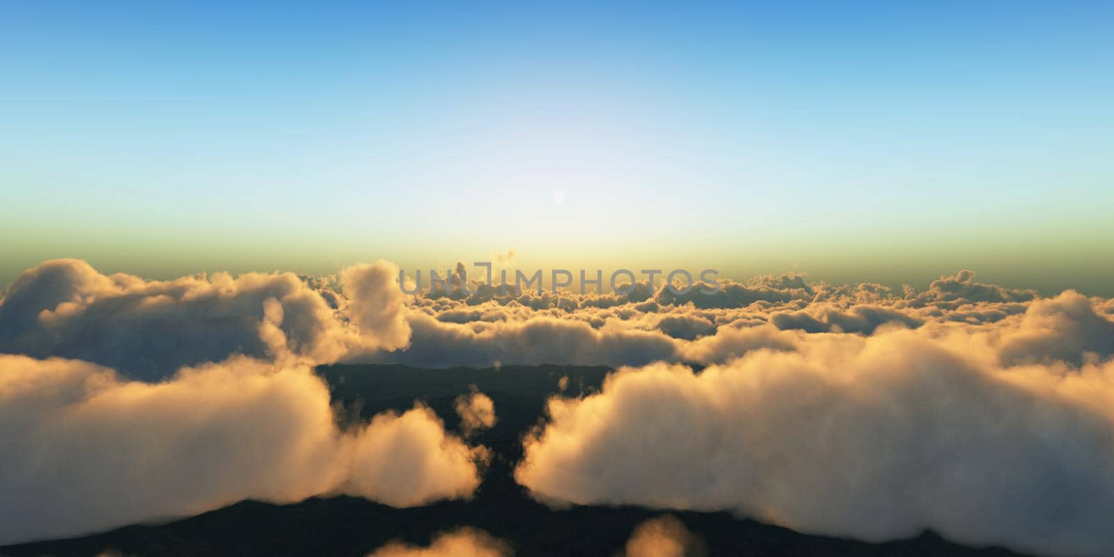 Beautiful aerial view above clouds with sunset. 3d illustration