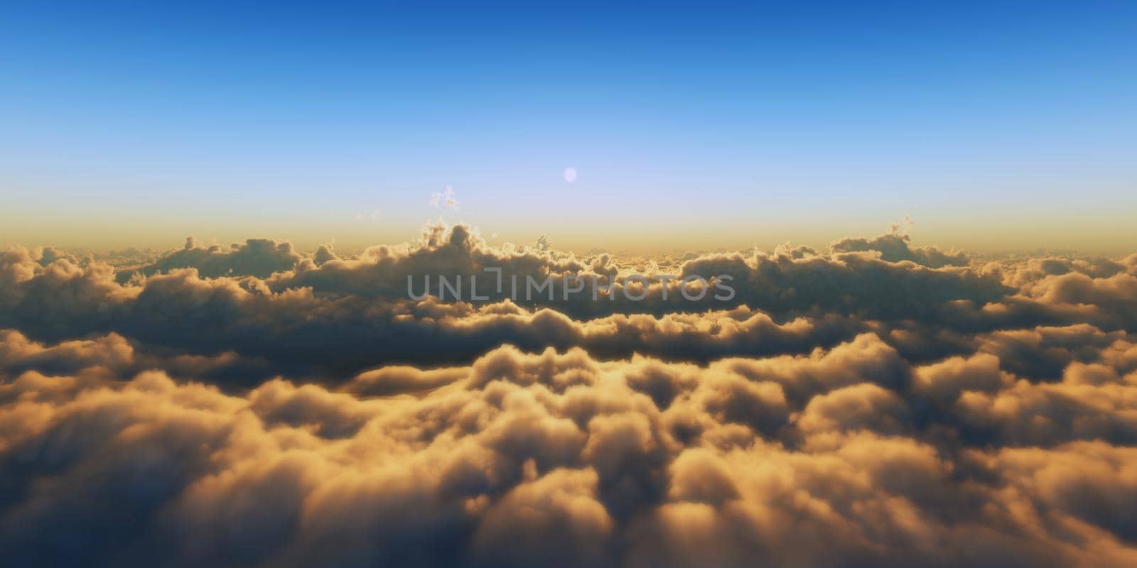 Beautiful aerial view above clouds with sunset. 3d illustration by alex_nako