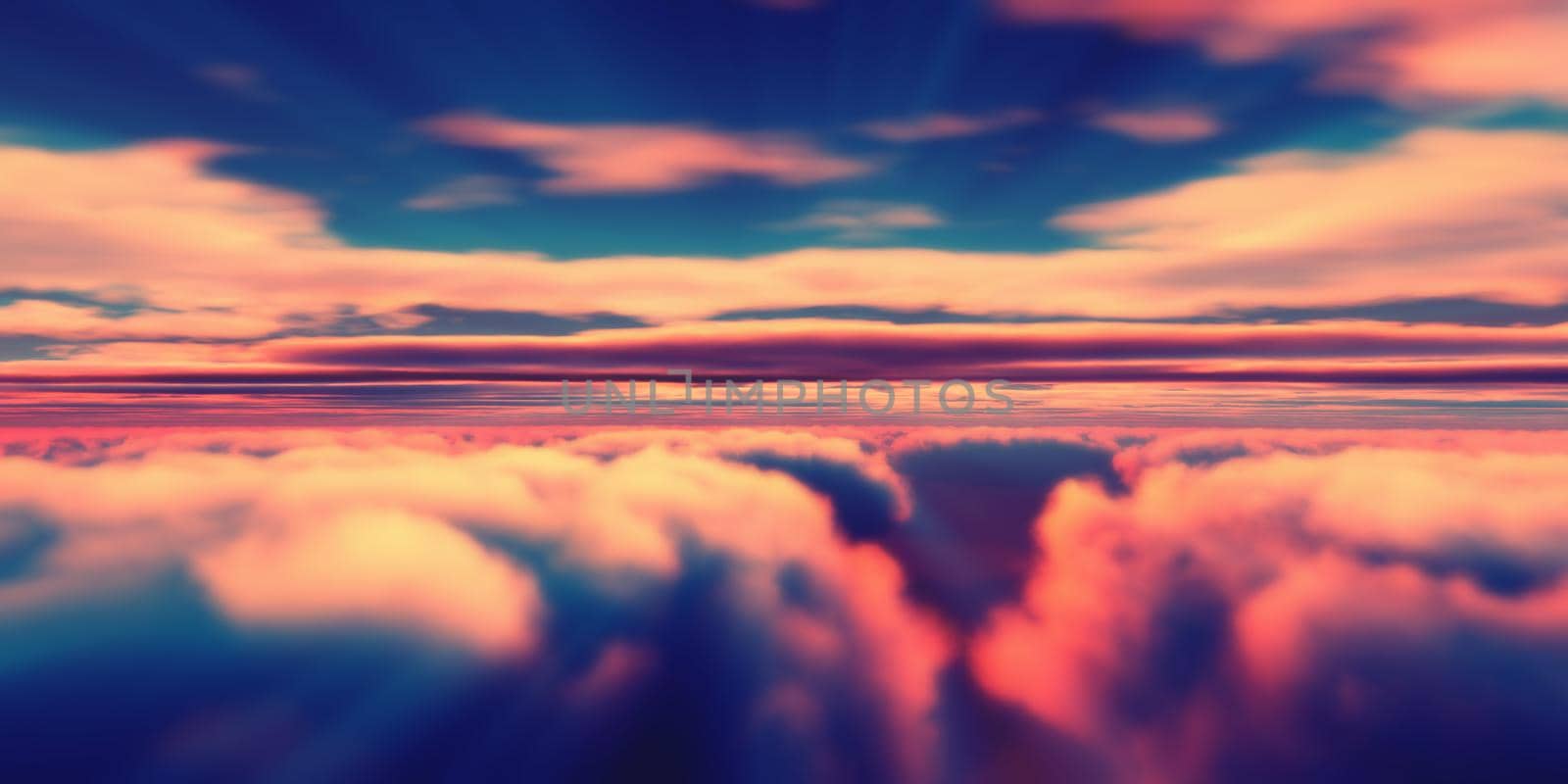 Beautiful aerial view above clouds with sunset. 3d illustration by alex_nako