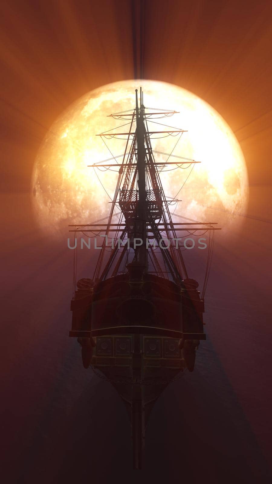 old ship in sea full moon illustration by alex_nako